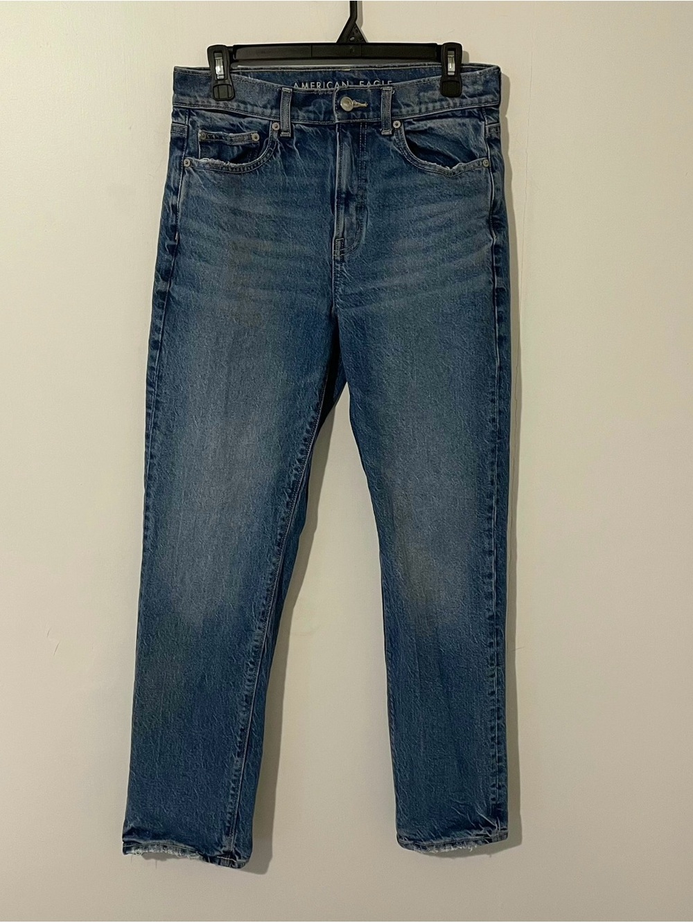 American Eagle Super High Rise Straight Leg Blue Denim Jeans Distressed Size 6
